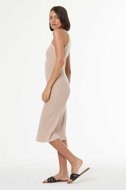 tan ribbed midi dress Women's Iggy Rib Midi Dress in Sandstone Mineral Wash by YFB