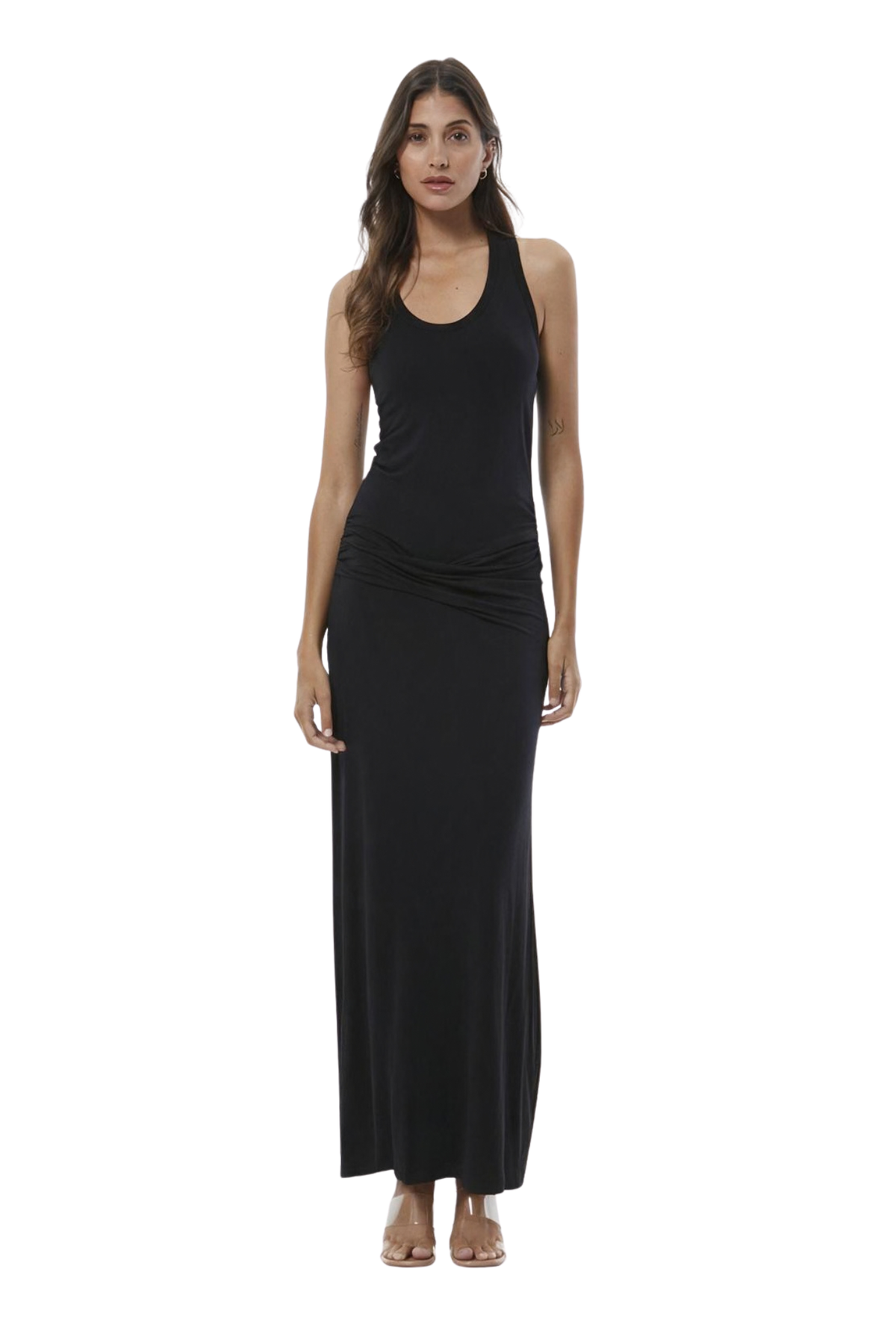 A woman modeling a sleeveless black maxi dress with a halter-style neckline and gathered draping at the waist, shown against a plain white background.