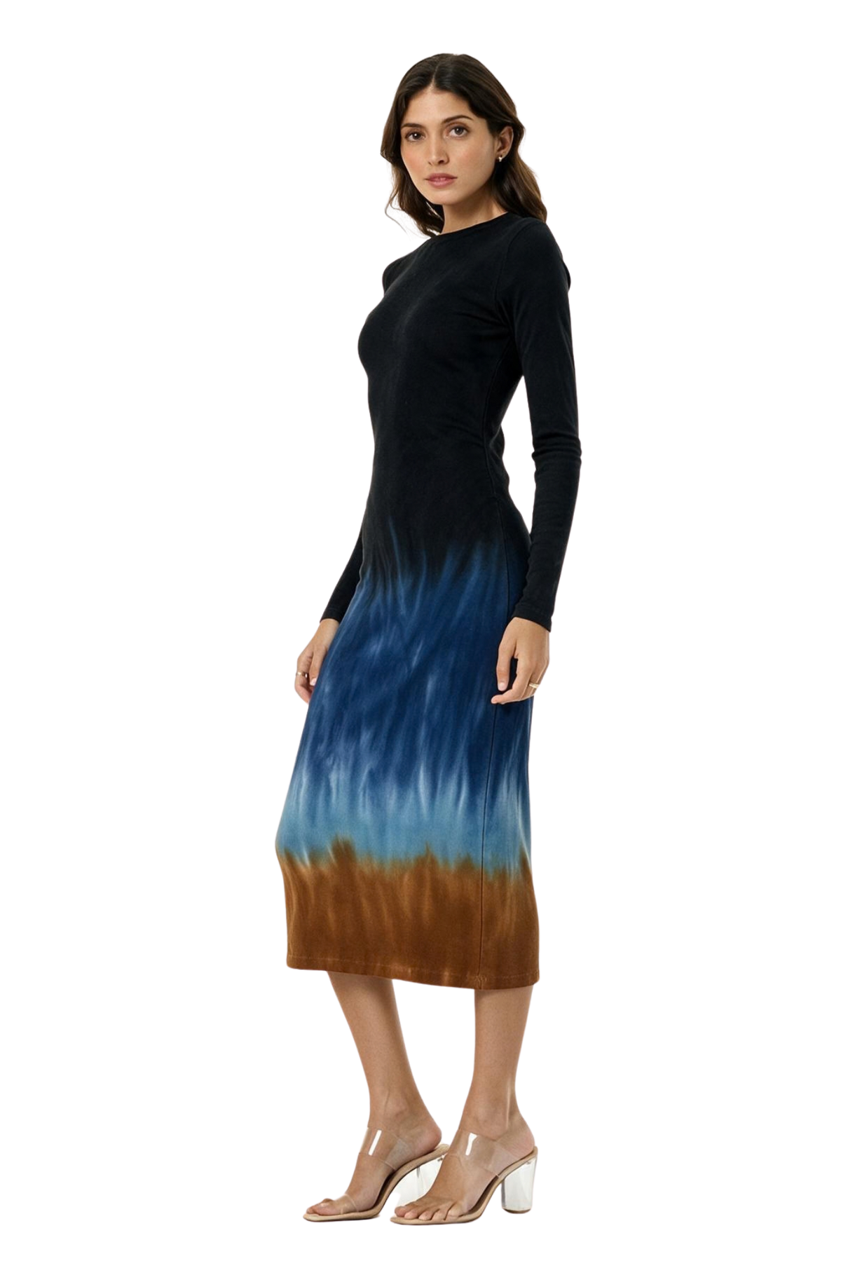 A woman modeling a long-sleeve midi dress with a navyupper bodice fading into blue and brown at the hem, shown against a plain white background.