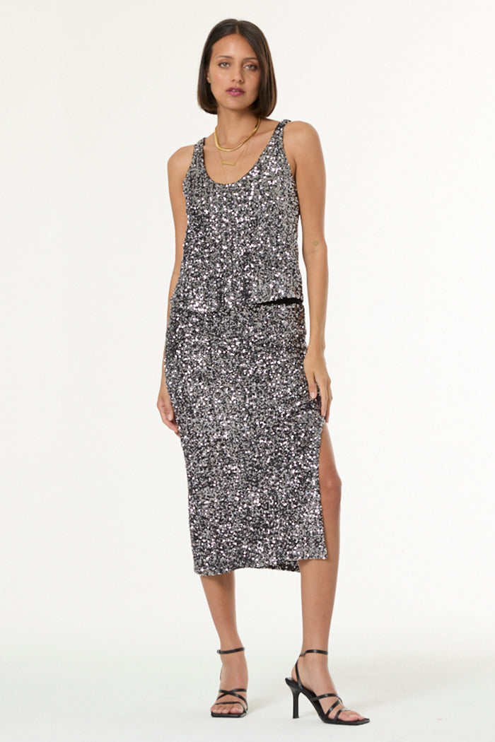 Tyla Midi Skirt // Silver 2-Tone Sequins