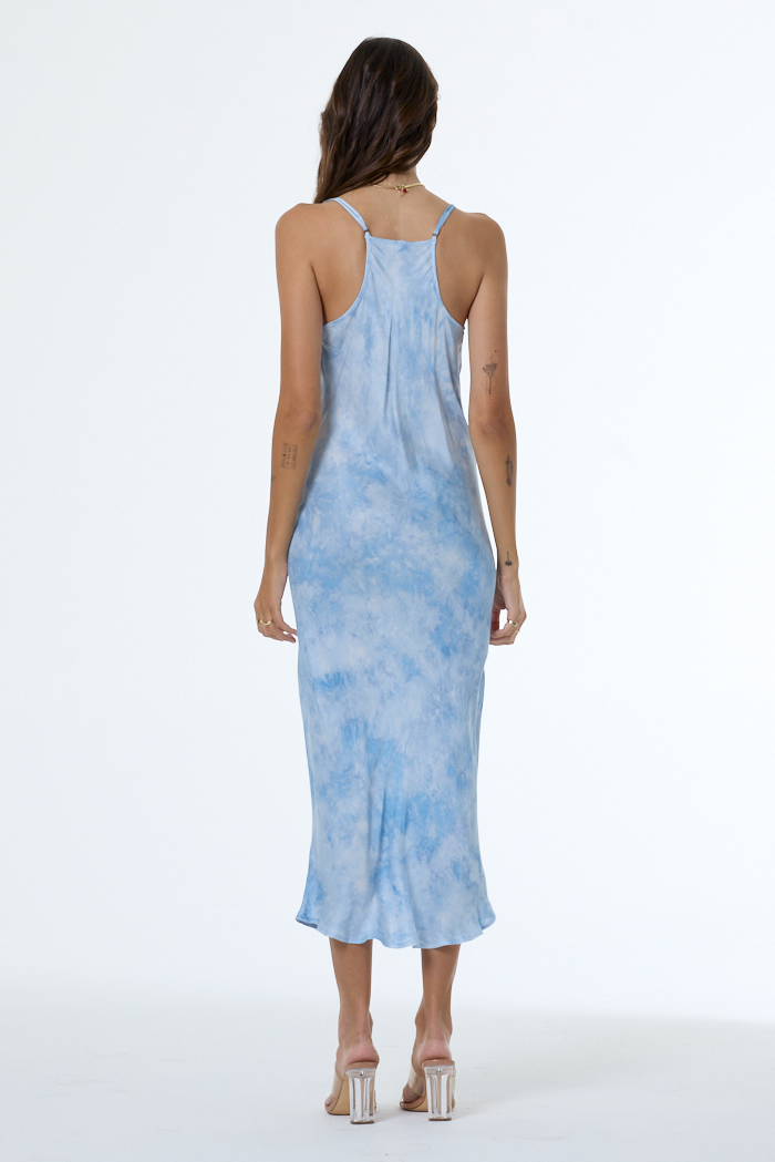 knee length dresses for ladies Women's Slip Midi Dress Blue Tie Dye Draped Neck
