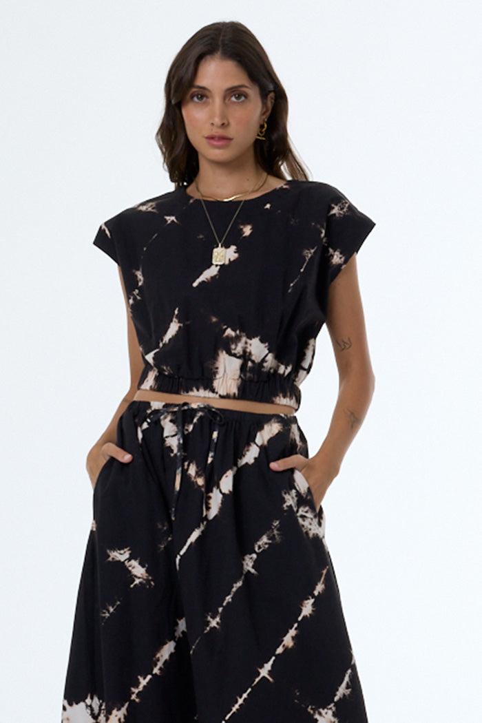 shibori tie back tiered cotton midi dress Women's Wendy Top in Black Shibori Wash by YFB