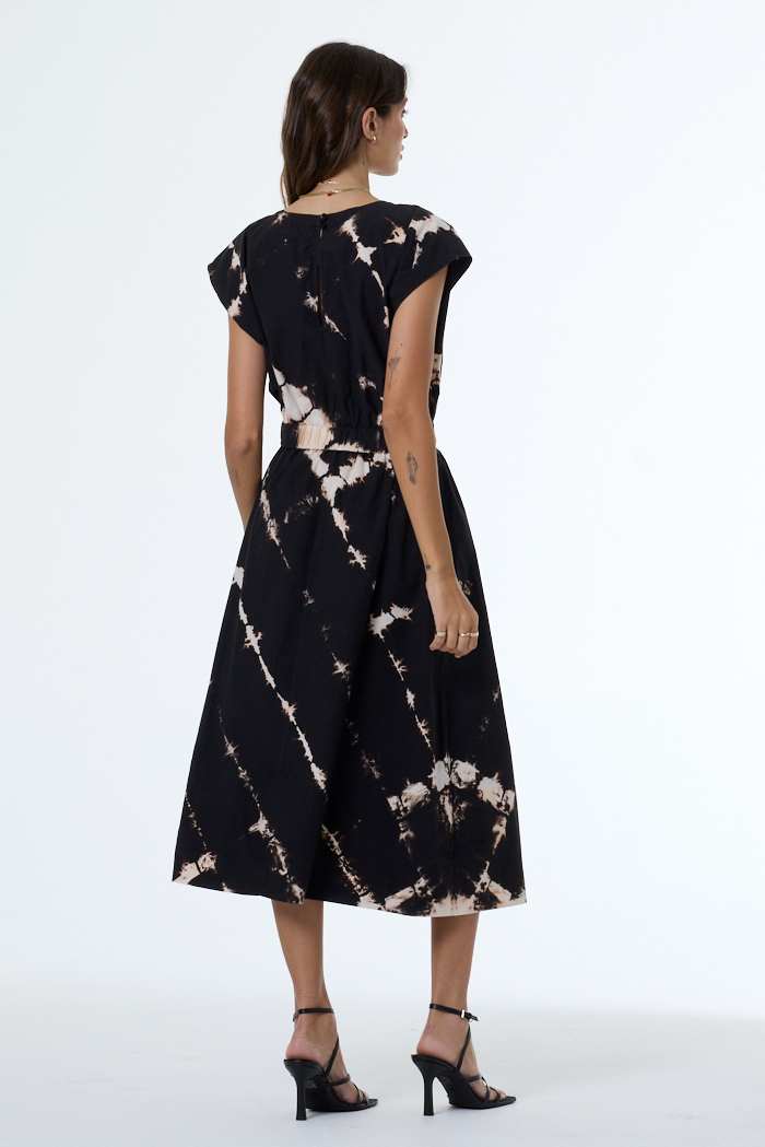 shibori tie back tiered cotton midi dress Women's Wendy Midi Skirt in Black Shibori Wash by YFB
