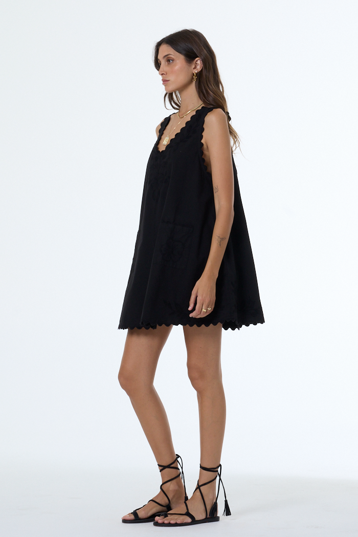 black mini swing dress Handmade Black Cotton Ruffle Dress: Romantic Mini Swing Dress