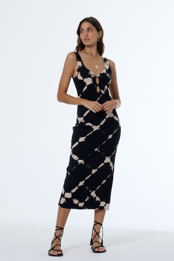 shibori halter tiered midi dress Women's Demios Dress in Black Shibori Wash by YFB