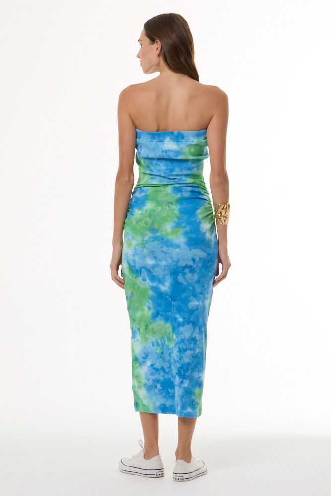 Women's Carla Strapless Rib Midi Dress in Tranquil Blue Splash Wash by YFB