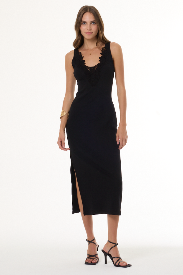 Women's Black Rib Midi Dress - Roza