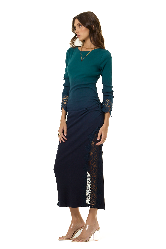 blue top black bottom dress Dantela Midi in Transformative Teal Ombré On A Date SOLD** Refinished Traditional Black Color:Black/Gray/White