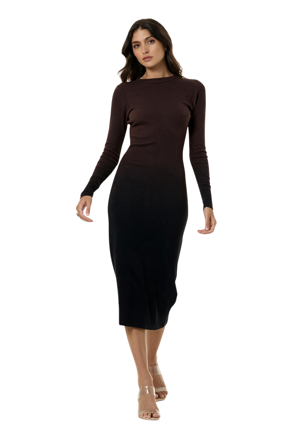 A woman modeling a long-sleeve midi dress with a dark brown to black ombre gradient, shot against a solid white background.