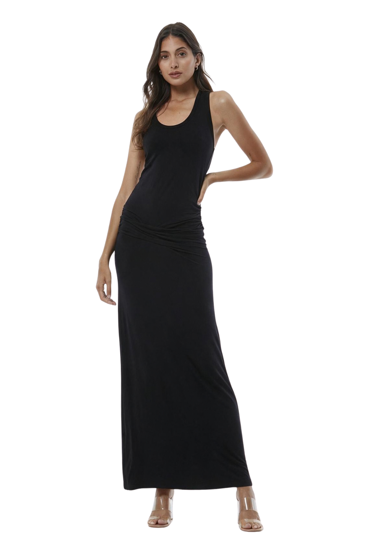 A woman modeling a sleeveless black maxi dress with a gathered ruched waist, shown against a plain white background.
