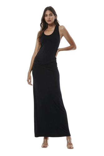 A woman modeling a sleeveless black maxi dress with a gathered ruched waist, shown against a plain white background.