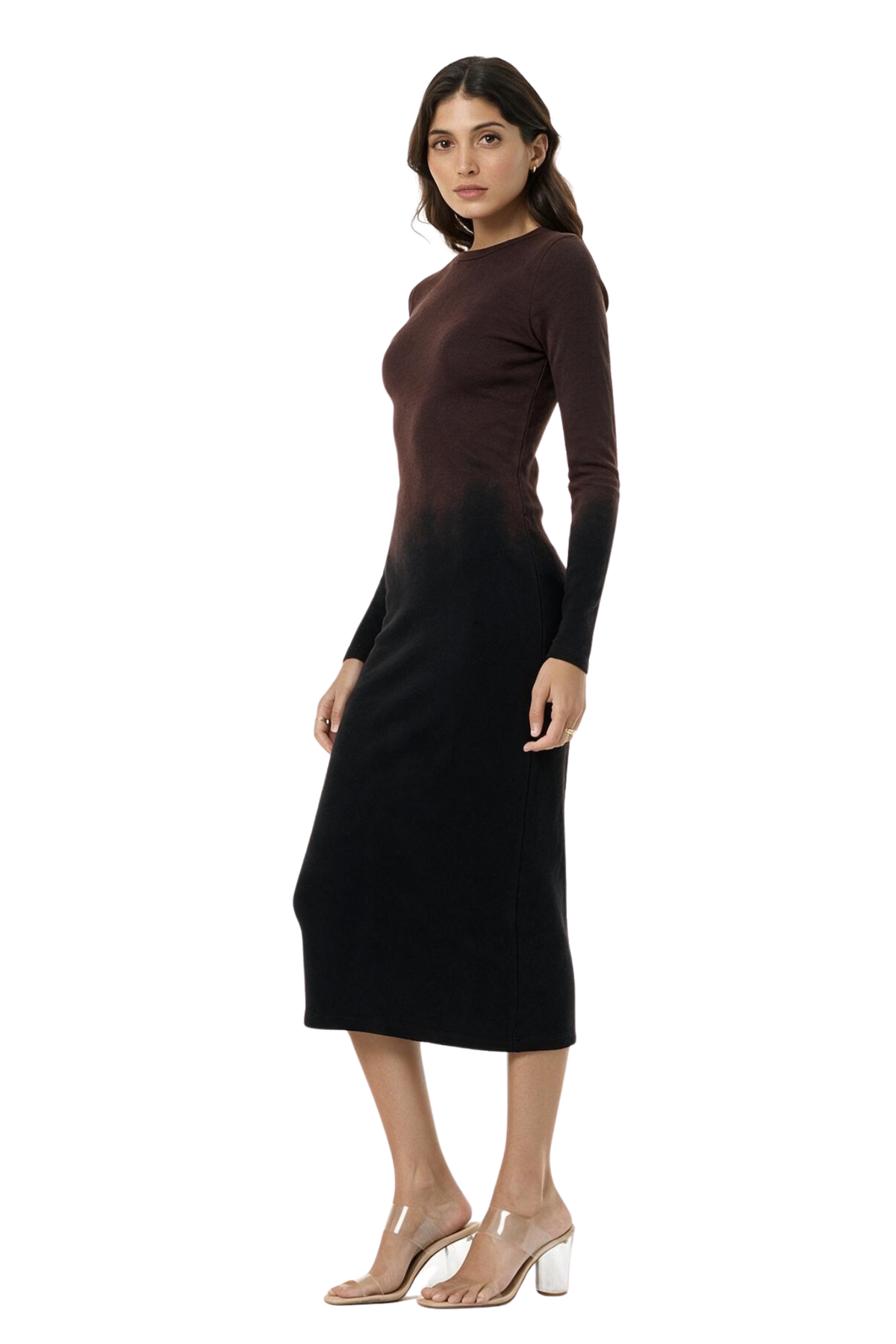 A woman modeling a long-sleeve midi dress with a dark brown to black ombre gradient, paired with clear high-heeled sandals, against a plain white background.