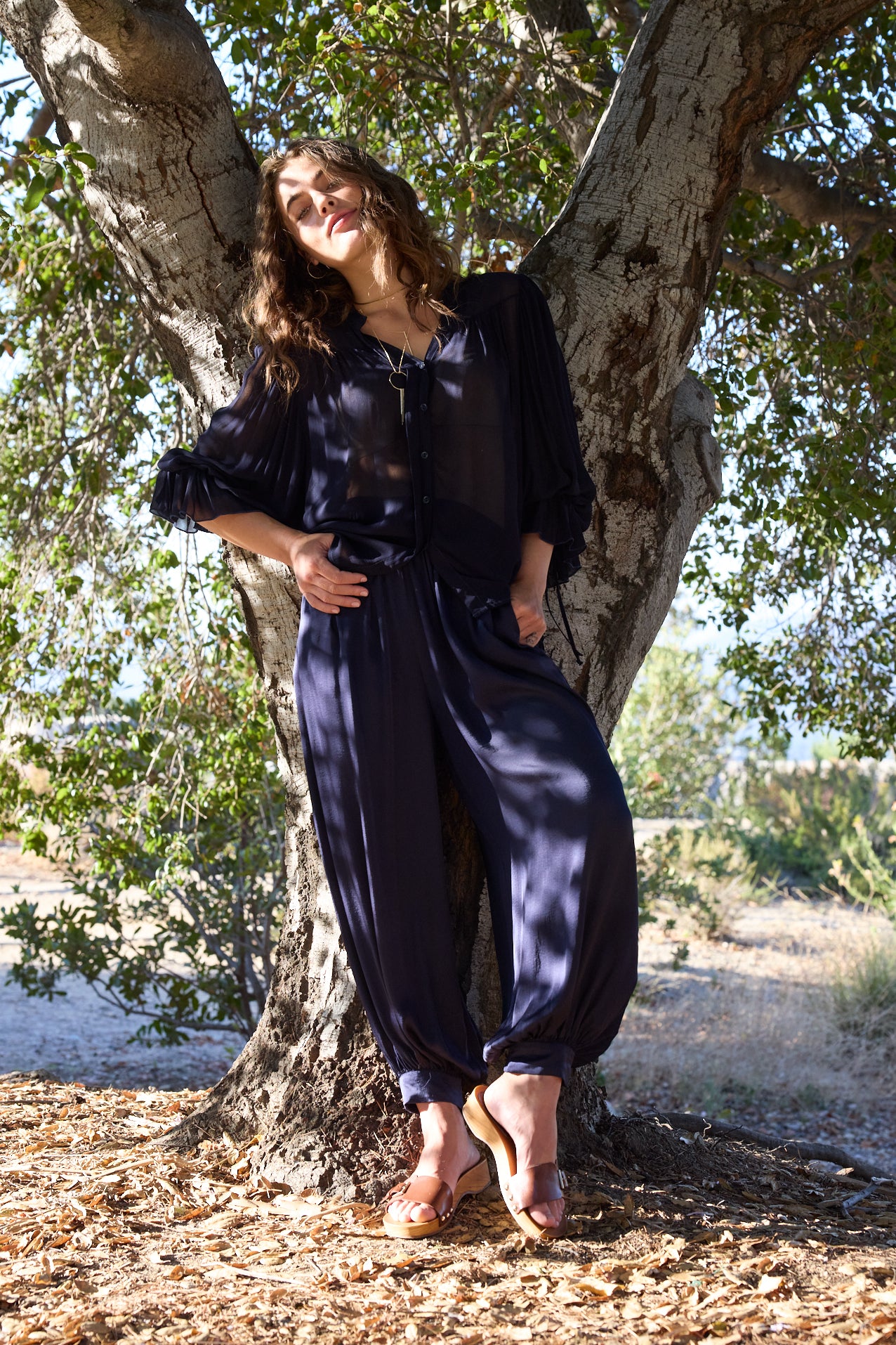 A woman wearing a dark navy blue sheer long-sleeve blouse with matching pants, posing outdoors under a large tree.