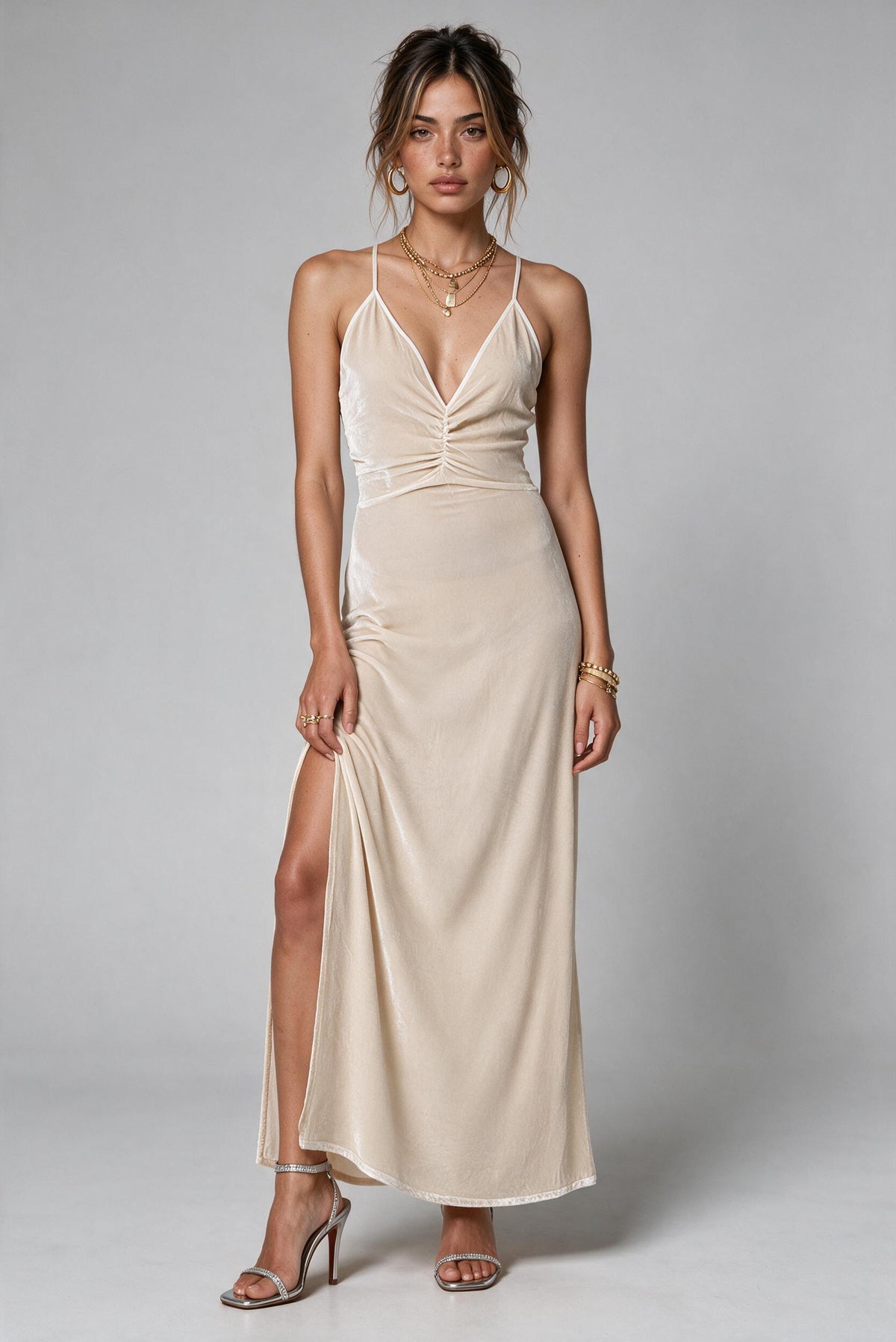 Anika Silk Velvet Dress - Oyster