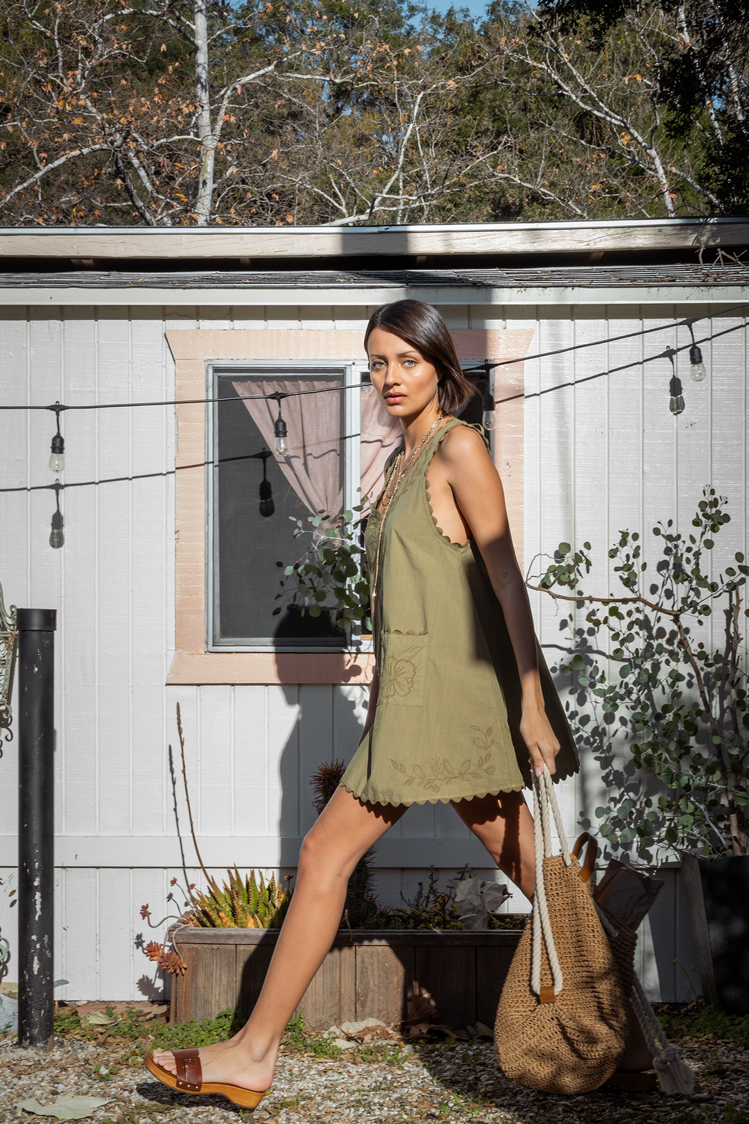 Women's Embroidered Mini Swing Dress Dark Olive | YFB Clothing